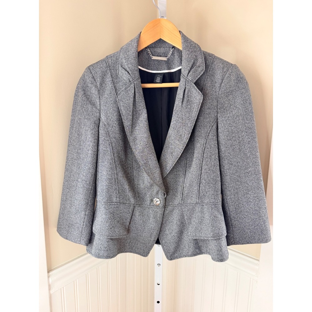 White House Black Market Peplum Blazer Ruffle Gray 3/4 Sleeve Size 6